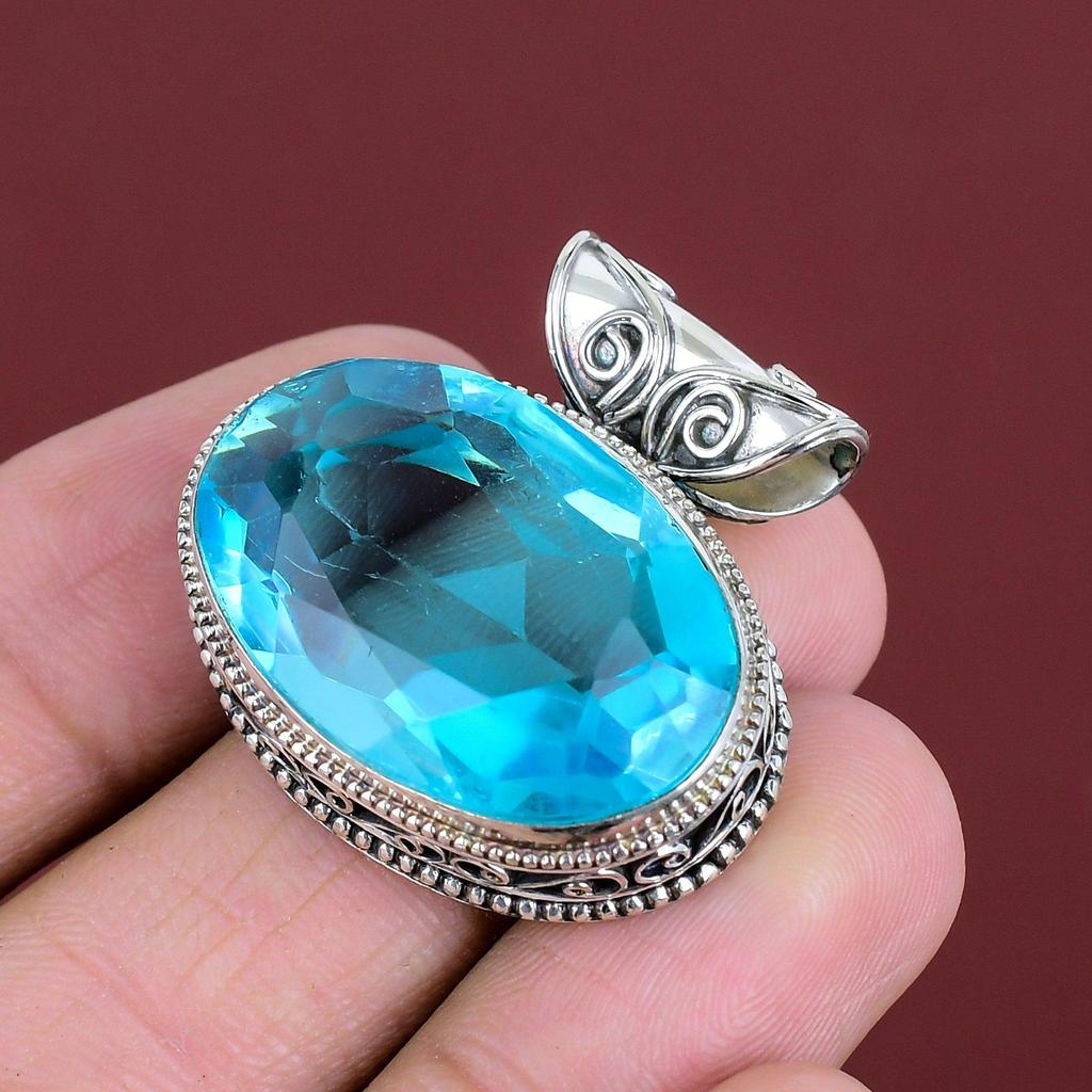 Faceted Swiss Blue Topaz Pendant Gemstone Pendant Antique Jewelry 925 Sterling Silver Pendant Vintage Pendant Handmade Jewelry Gifts For Her