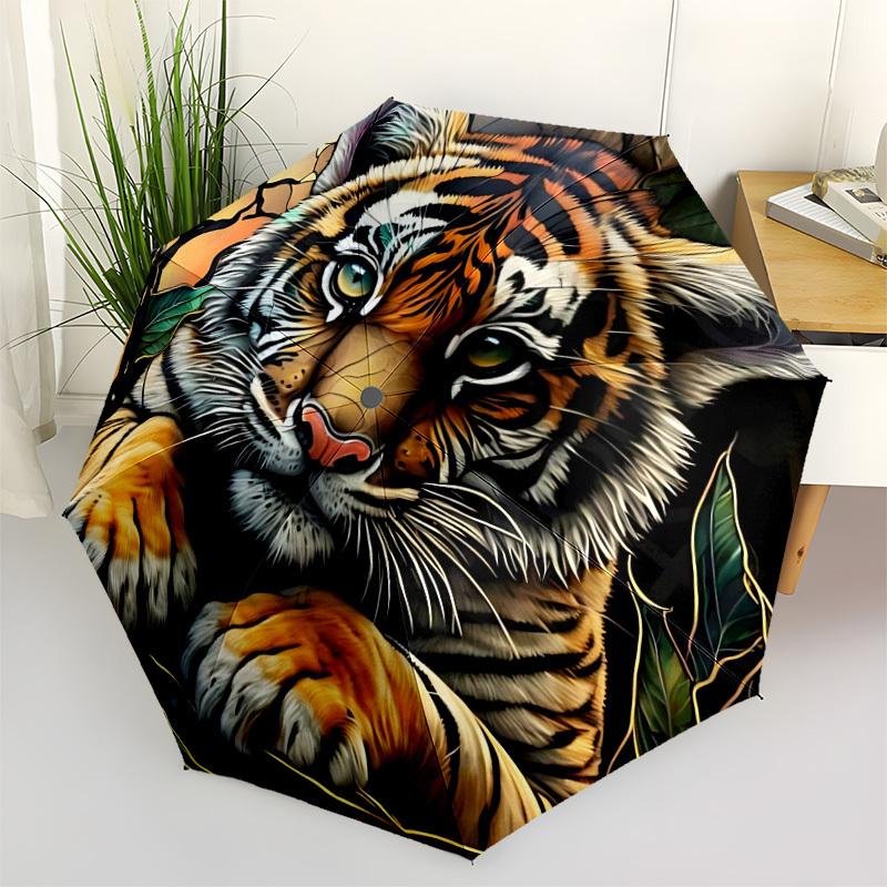 1pc Tiger Jungle Automatic Folding Umbrella, Sturdy And Durable Automatic Folding Umbrella with 8 Ribs, Convenient for Outdoor Use191