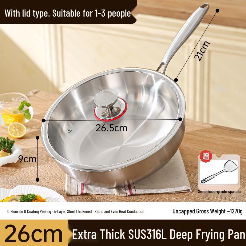 316 Stainless Steel Non-Stick Wok, Flat Bottom, Induction Compatible, Deepened Stir-Fry Pan