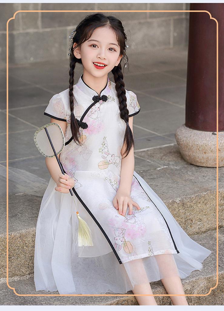 Girls' Cheongsam Dress 26 Summer New Style Chinese Style Dress New Chinese Mesh Splicing Cheongsam Dress