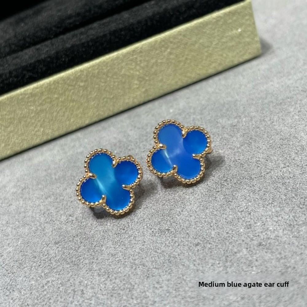 High Quality Four-leaf Clover Earring Buckle White Mother-of-pearl Earrings Red Chalcedony Black Agate Earrings