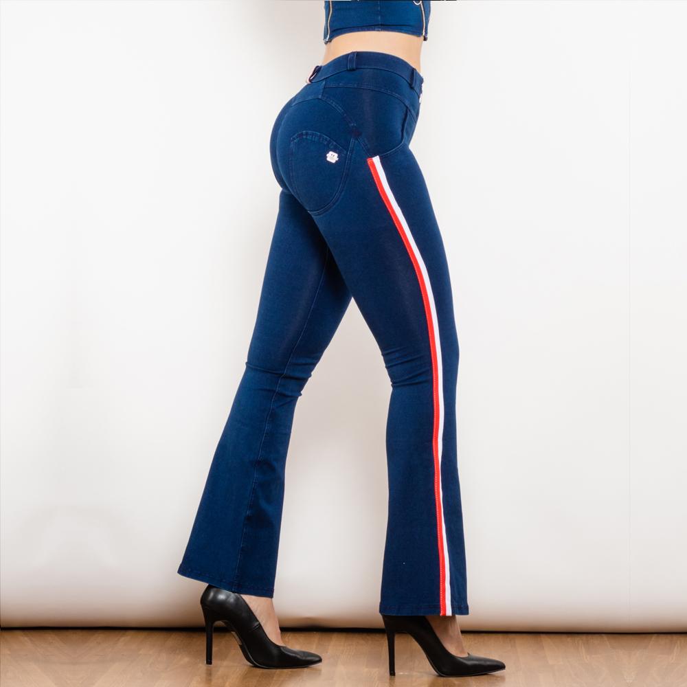 Shascullfites Melody Fashion Flare Jeans White Red Side Stripe Butt Lifting Female Casual Dark Blue Denim Bell Pants Elasticity