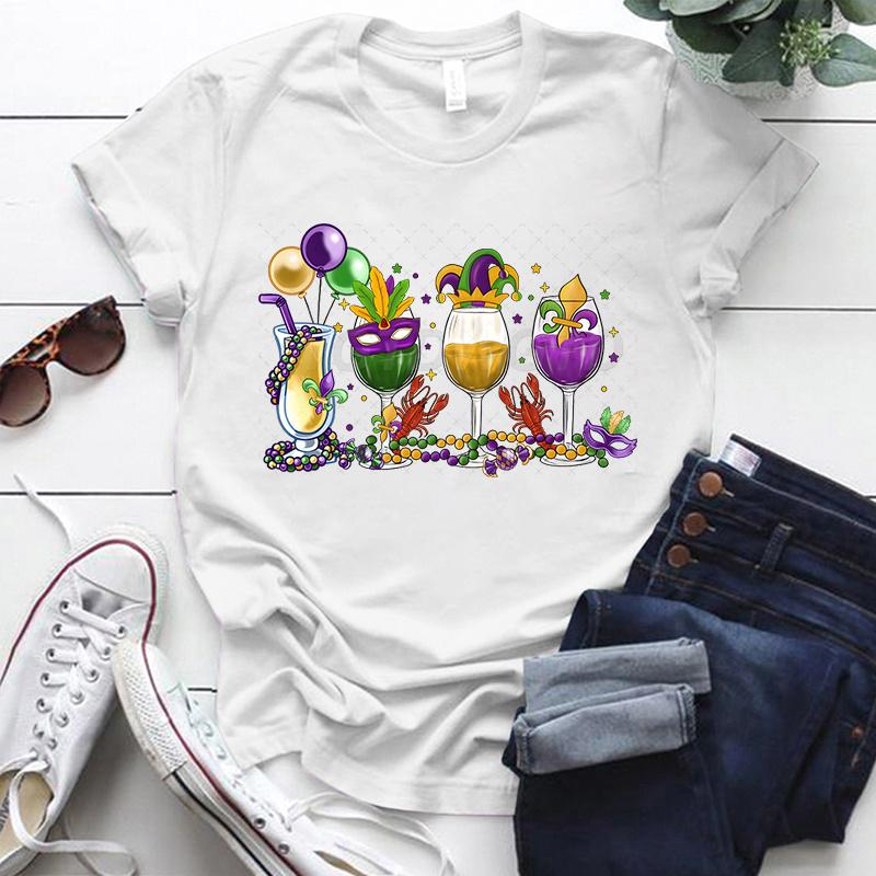 Mardi Gras Drink Shirt for Women Fat Tuesday Wine Graphic Tee Mardi Gras Drinking Party Classic Tops Carnival Vintage T Shirts S