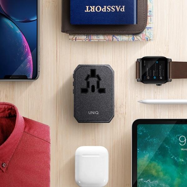 UNIQ Lad. network. Voyage World Adapter 33W+ 2xUSB + PD 18W + QC 3.0 gray/charcoal gray (LITHOS Collective)