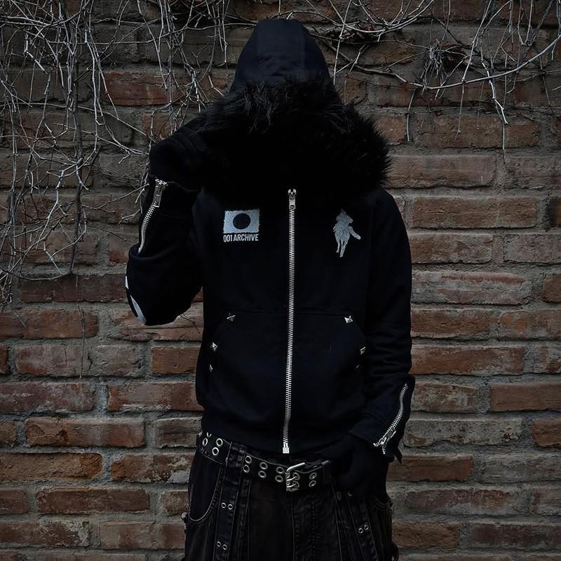 Hooded Sweatshirt Unisex Streetwear Dark Punk Style Zip Up Long Sleeve Loose Fit Winter Black