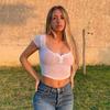 Dam Sommarmode Streetwear Sexig Vit Transparent Crop Tops Knappar V-ringad Kortärmad tröja Slim T-shirts Klubbfest