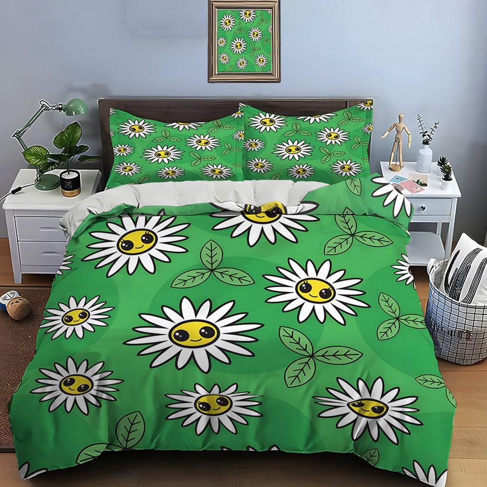 Smiling Daisies with Green Leaves Print Soft Comfortable Duvet Cover Bedding Set Included 1*Duvet Cover 2*Pillowcases