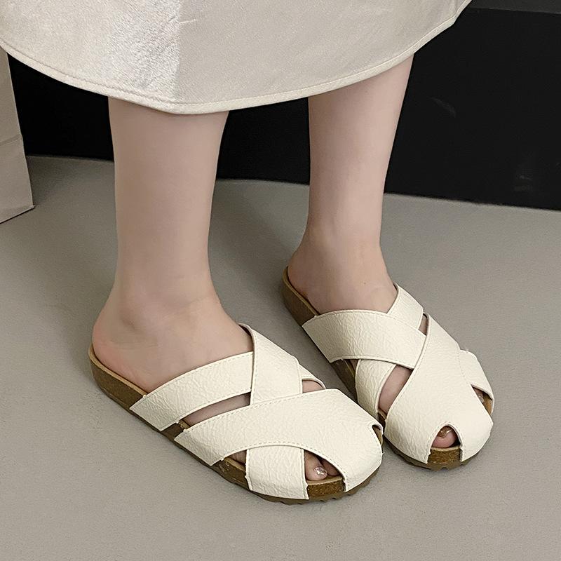 

Дышащие полые универсальные ленивые матовые кожаные сумки голова полушлепанцы женская обувь 2025 новая летняя плоская подошва полуподнос обувь 40 бежевый