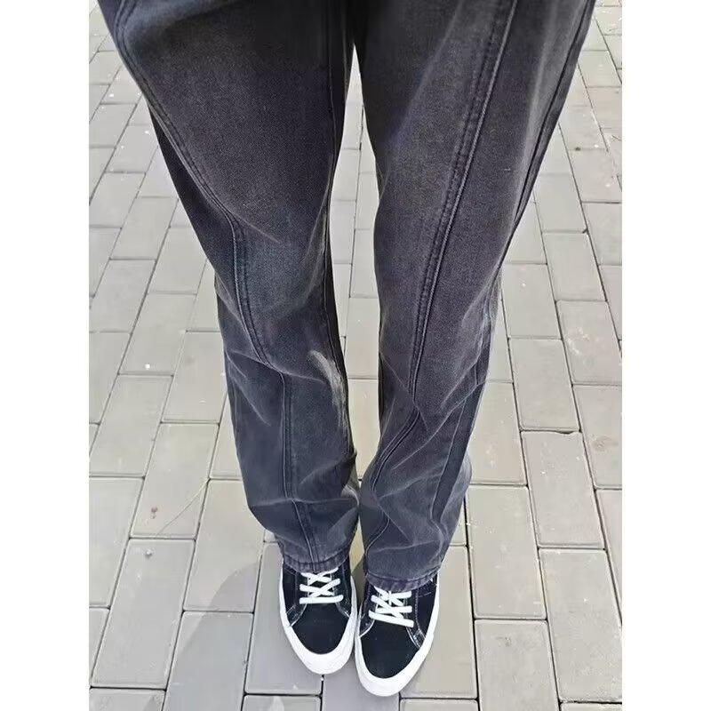 American trend black autumn jeans men's splicing high street straight trousers loose and handsome casual trousers
