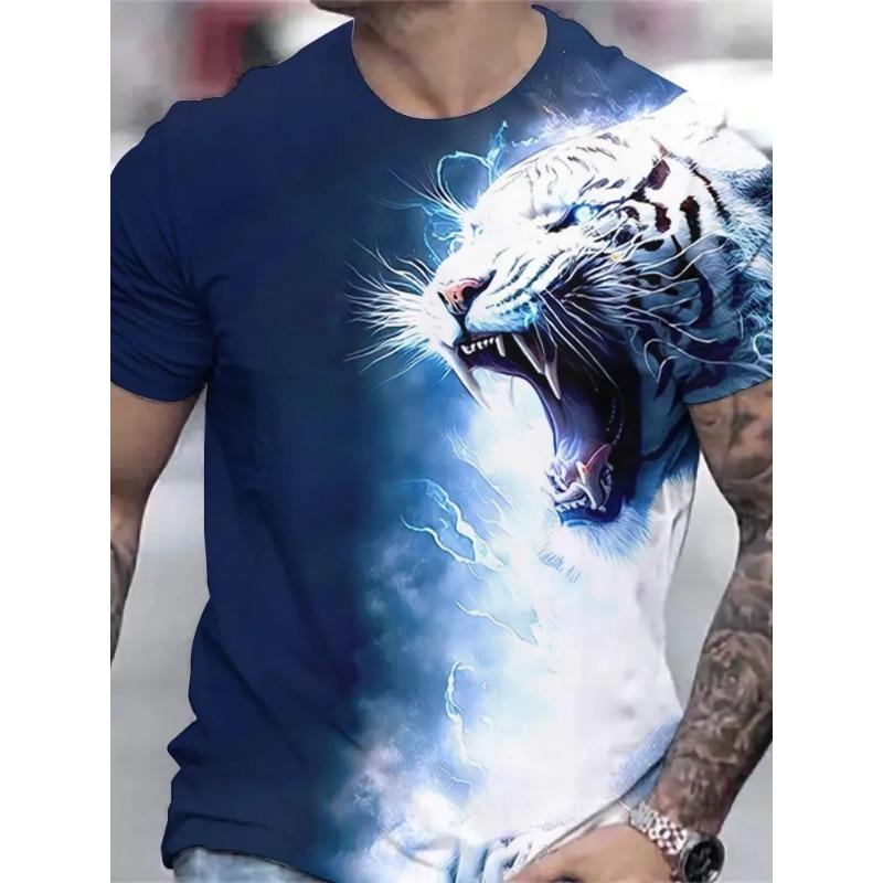 Summer Round Neck 3D Tiger Print Top Fashionable Casual Short Sleeved Men's T-shirts