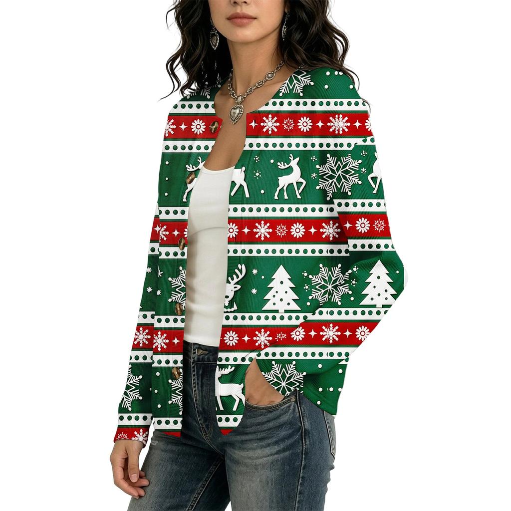 Damen Strickjacke mit langen Ärmeln und Weihnachtsdruck für die Feiertagsparty und den täglichen Gebrauch