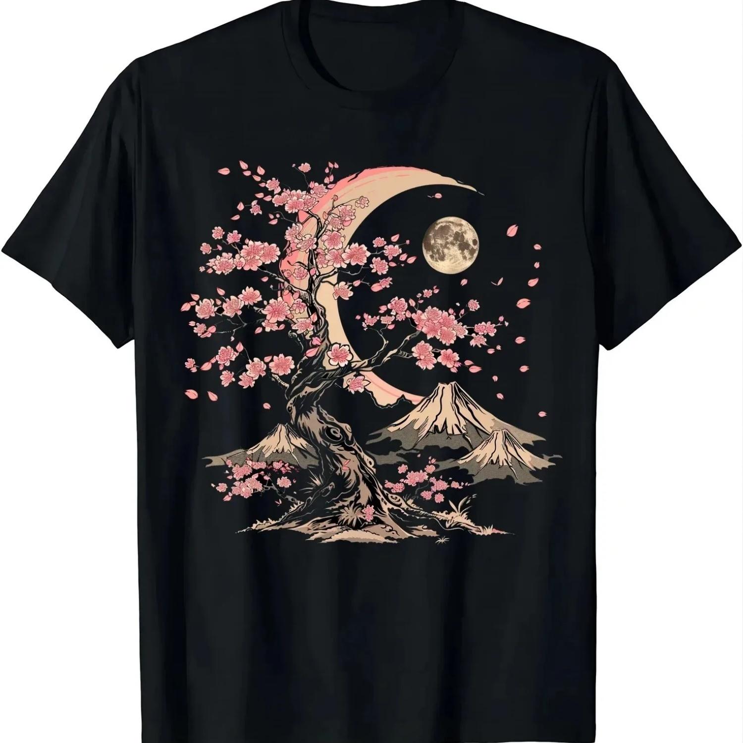 

Cherry Blossom Night Tee - Moonlit Serenity T Shirt Japanese Style Shirts Clothing Tops Graphic T Shirts Camisas Streetwear S чёрный
