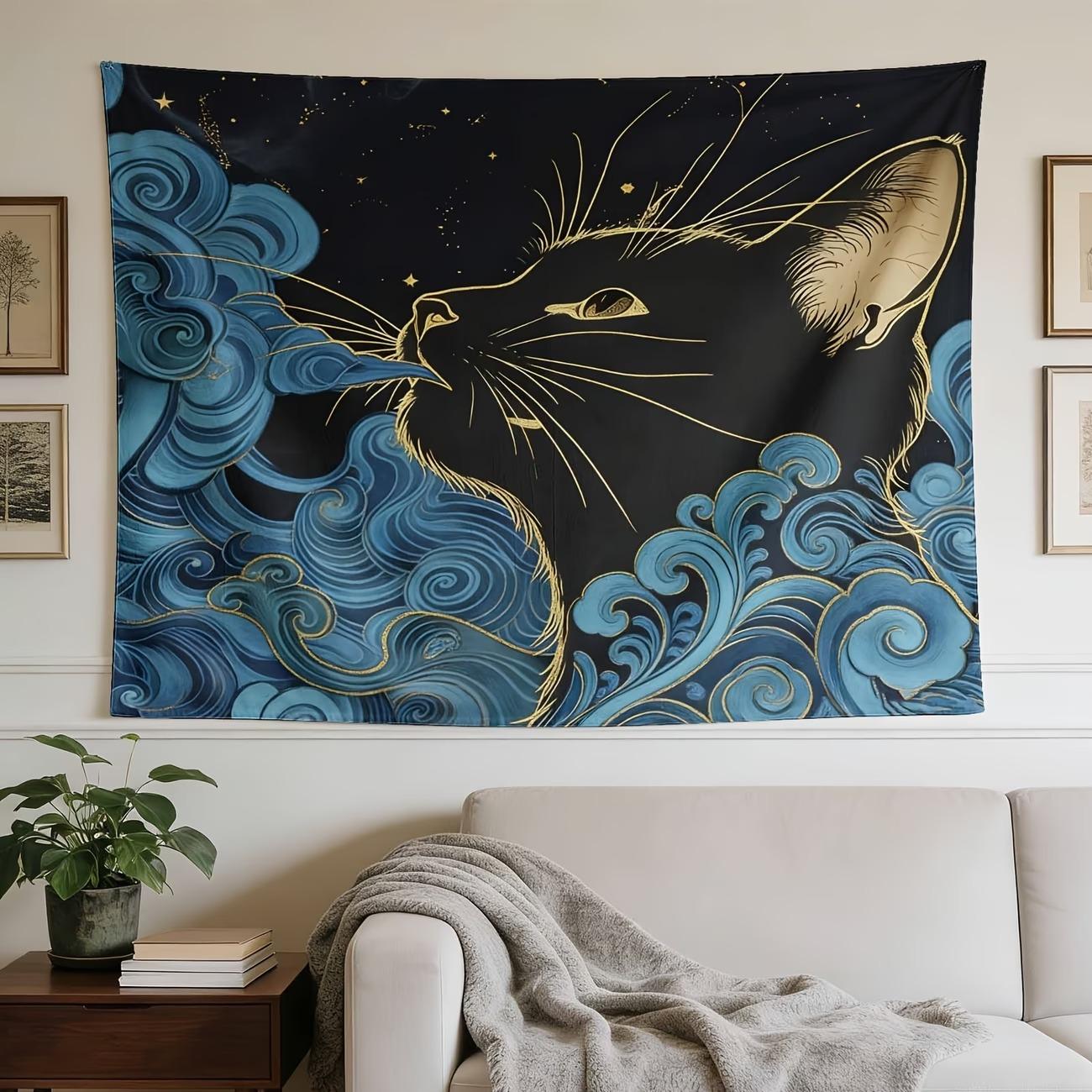 Chinese Style Cat Tapestry Black Gold Wall Hanging Oriental Art with Waves for Bedroom Living Room Decor 100X70CM