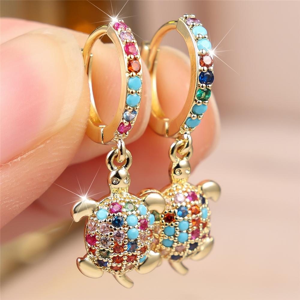 Cute Animal Female Small Rainbow Zircon Stone Turtle Hoop Earrings Trendy Fashion Gold Color Wedding Jewelry For Women