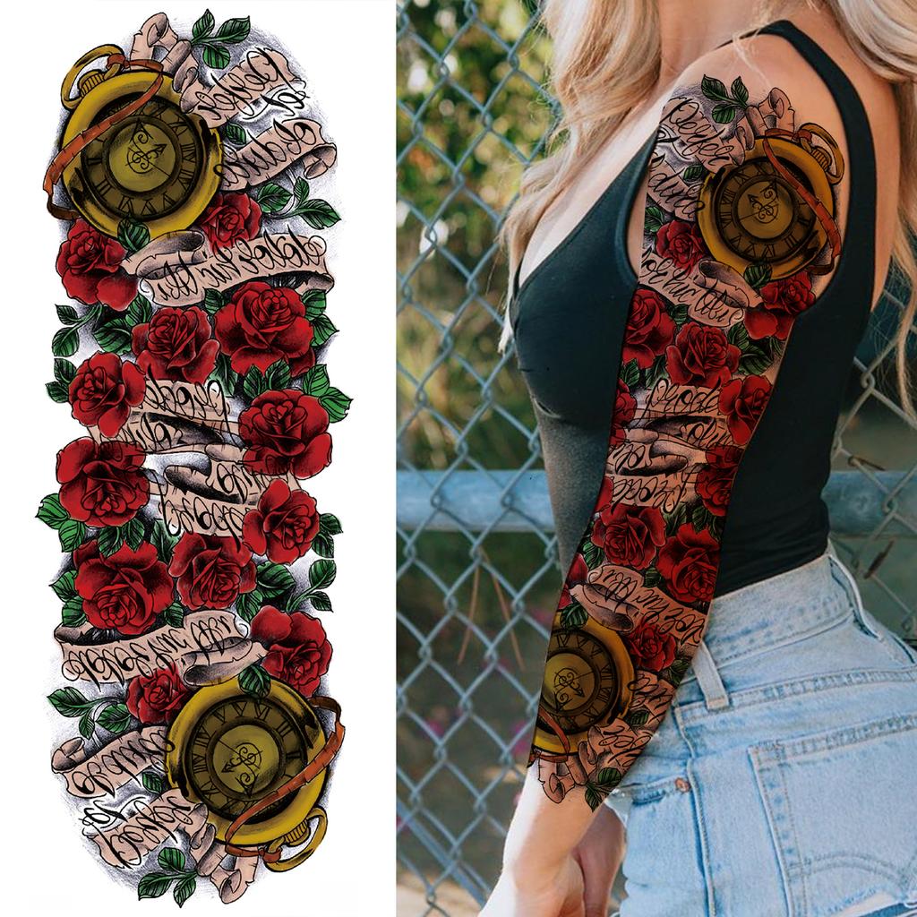 1 Sheet Long Sleeve Temporary Tattoos For Men Women Flower Skull Lion Wolf Tiger Nun Fox Compass Tattoo Sticker Body Art Arm Leg