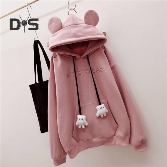 

Осень-зима Женская толстовка с капюшоном с рисунком в виде руки, завязками на ушах, толстыми накладными карманами, свободными длинными рукавами, теплый топ с вышитыми буквами