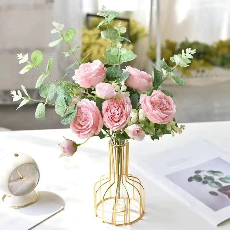 1 Set Golden Vase Metal Flowers Pot Hydroponic Container Test Tube Vase Modern Luxurious Home Desk Decoration Alloy Glass Vases