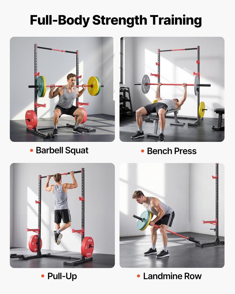 Power Cage Rack, Multifunctional Squat Rack for Home Gym, Width-Adjustable Workout Strength Training Equipment with 6 Band Pegs, Landmine Attachment &