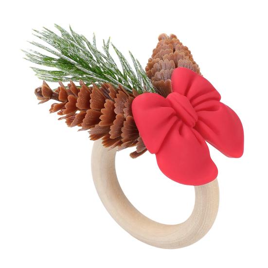 Gift for Christmas Home Decor Mini Napkin Ring, Small Red Bow Wooden Holder with Seasonal Tabletop Accessories Berries Pine Cones New Year Party