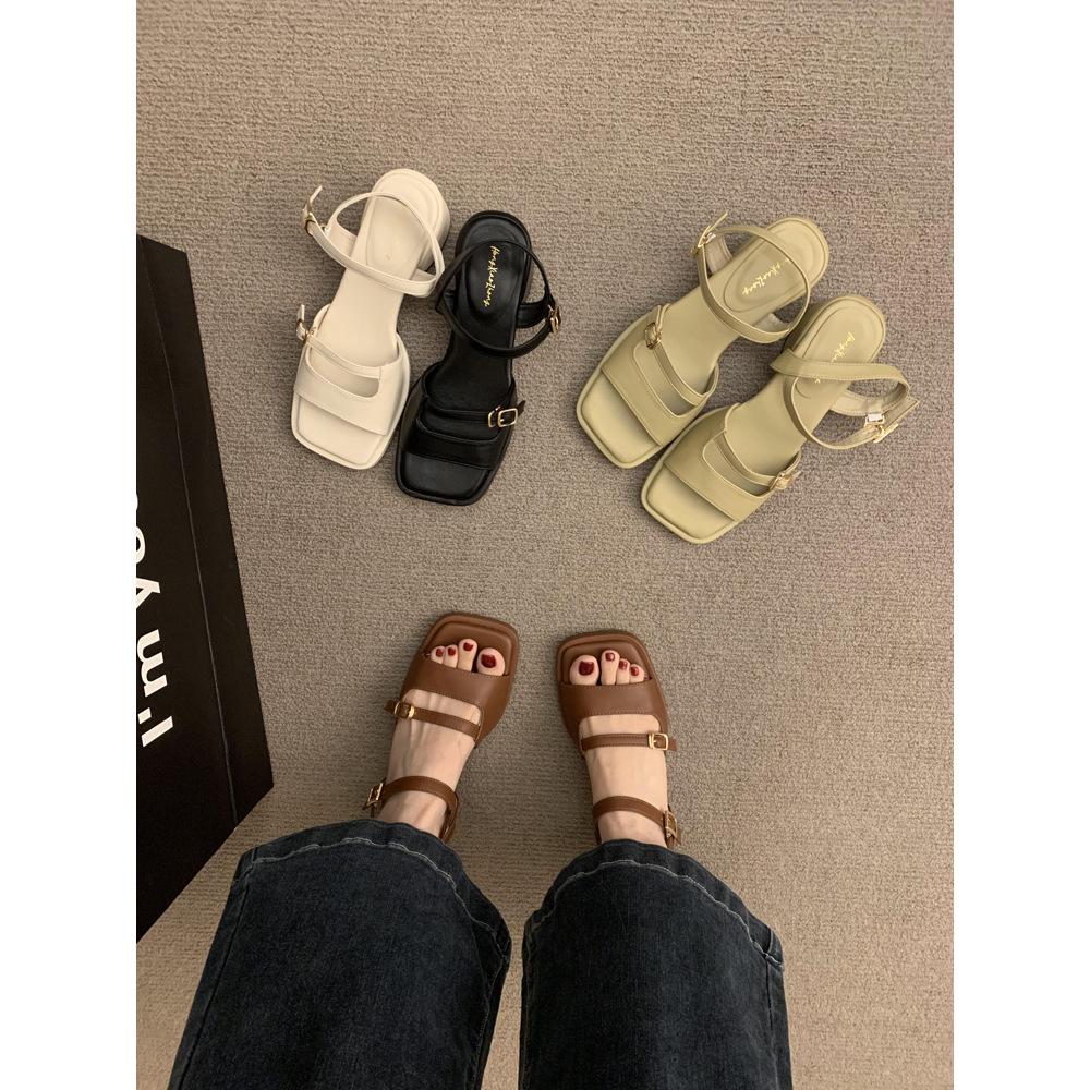 2025 summer new high-heeled open-toed sandals empty women's shoes temperament with skirt black thick-heeled Roman shoes