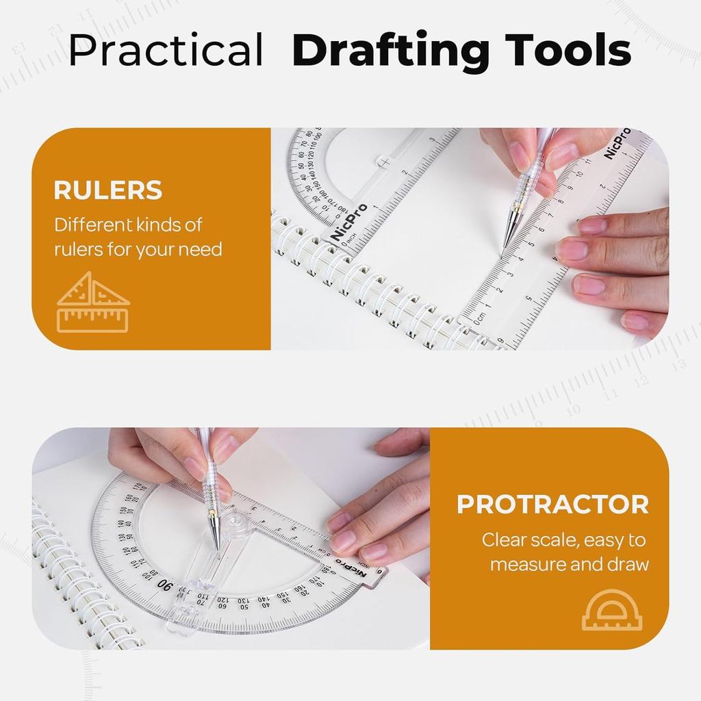 Nicpro 22 PCS Compass Geometry Tools with Case, Drafting Tools Geometry Set with Swing Arm Protractor, Rulers, Metal Compass, Square Set, Mechanical