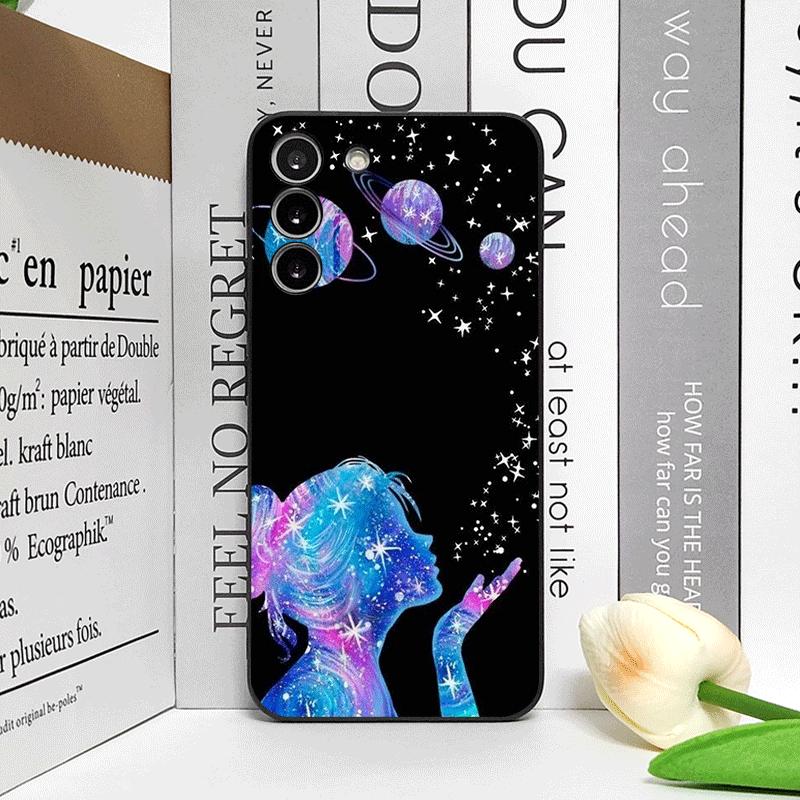 Creative Black Stardust Girl Pattern Phone Case for Samsung Galaxy S25 S24+ S23 Ultra S22 Plus S20 S21 FE M53 M34 5G Soft Covers
