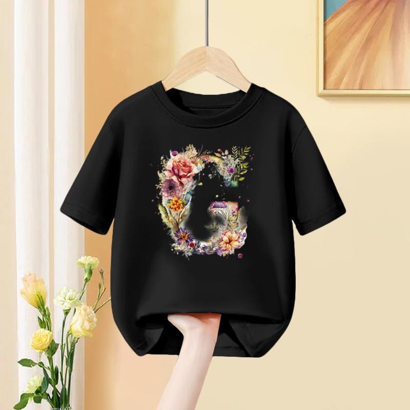 A B C D Kombinationsschrift Mädchen T-Shirt Blumendruck Lässige Oberteile Benutzerdefinierter Name Buchstabe Kinder Schwarzes T-Shirt