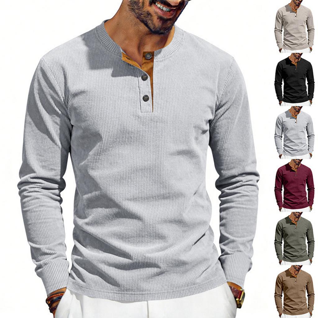 Men's Round Neck Single-Breasted Long-Sleeve Loose Casual Top