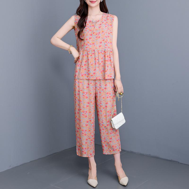 Plus Size Elegant 2 Piece Sets Women Summer Clothes Vintage Loose Print Pants Sets
