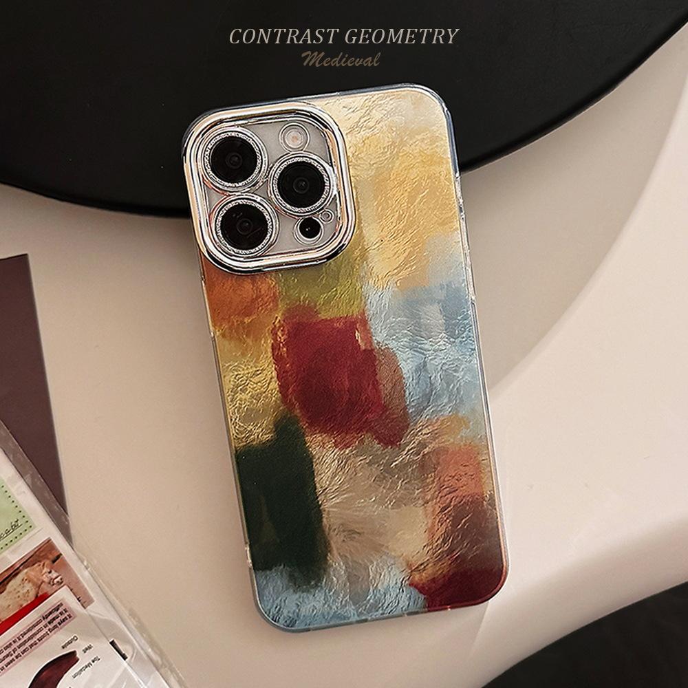 ins retro contrasting color smudge plaid for iphone16 apple 15 mobile phone case 13 tinfoil pattern 17pro max
