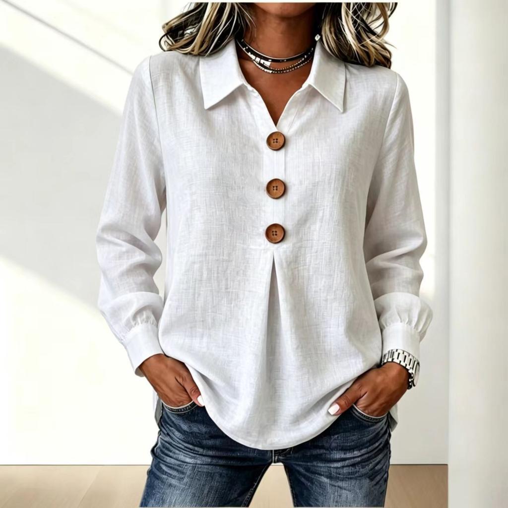 Camisa Blusa Casual Suelta de Manga Larga con Botones de Color y Cuello Camisero