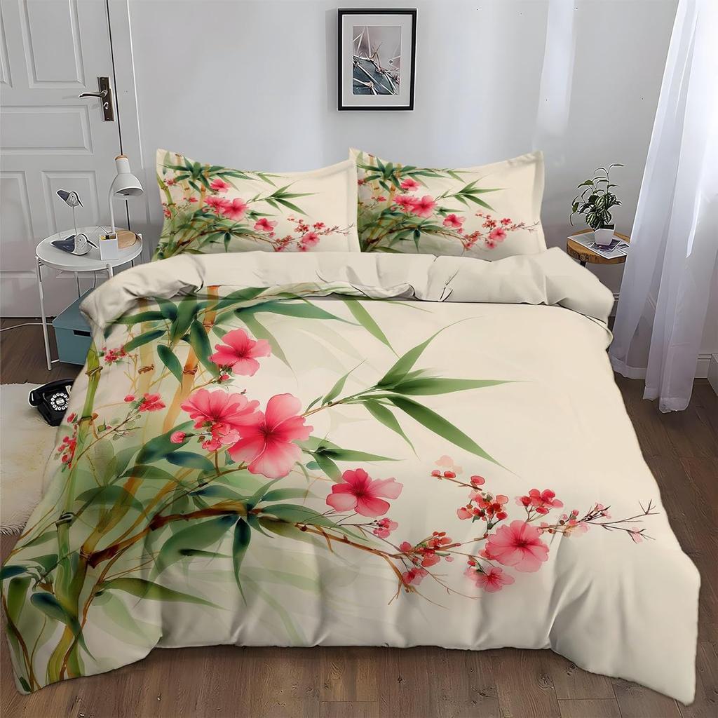 Bamboo Leaves Bedding Duvet Cover Set Kids Girls Teens Boys Bedding Japanese Style Soft Microfiber Duvet Cover With Pillowcases