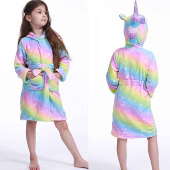 Cute Kids Boys Girls Unicorn Long Sleeve Hooded Pocket Sash Bathrobe