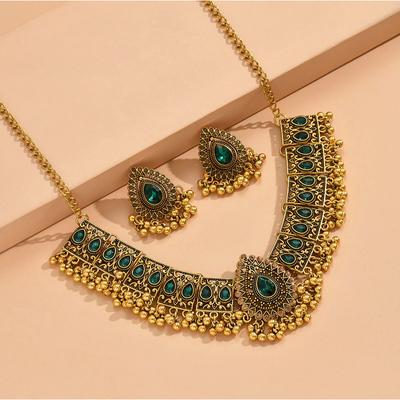 Niche Retro Feng Shui Drop Gemstone Earrings, Diamond Bead Necklace Set, Fashion Accessories