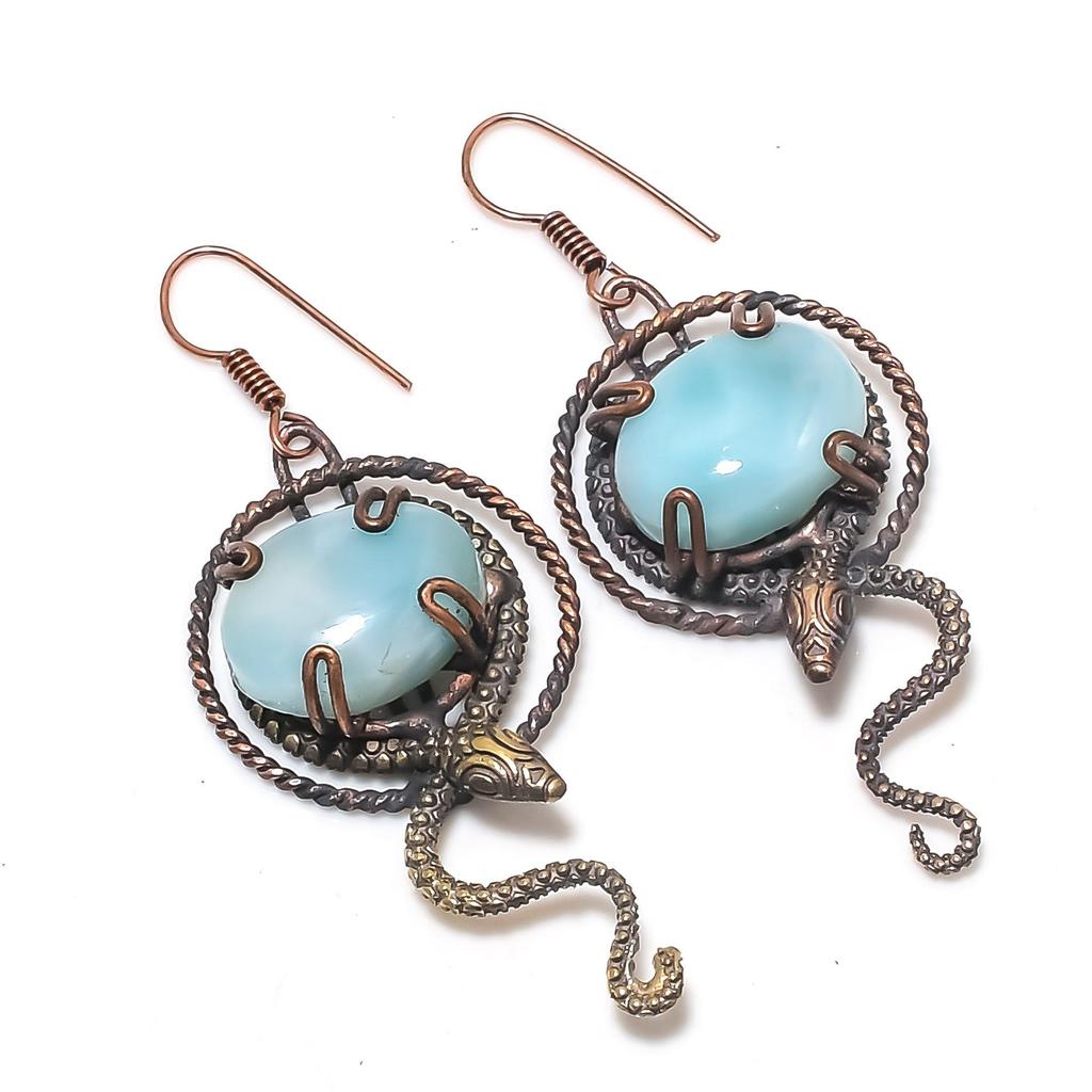 Larimar Earrings, 999 Copper Wire Wrapped Jewelry, Gemstone Earrings, Gift For Her Handmade Dainty Jewelry