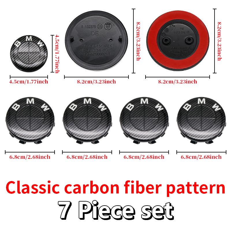 For BMW E46 82mm Hood F10 74mm Trunk Emblem 7Pcs Full Black Carbon Fiber Badge Set E90 68mm Wheel F30 Steering G20 X5 M4 Auto