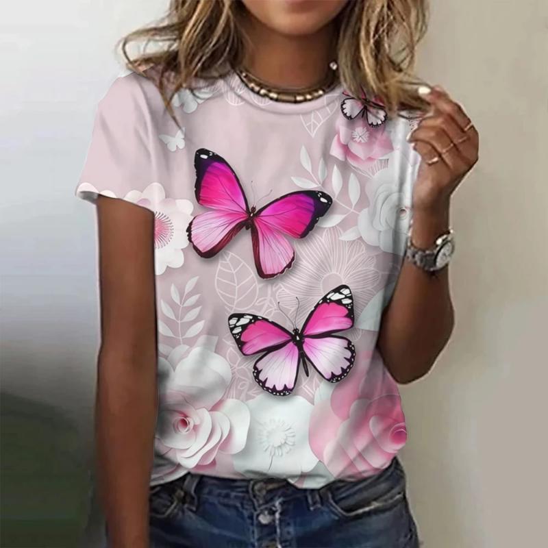 Fashion Women's Crew Neck Short Sleeve 3D Flower Color Print Crew Neck T-shirt