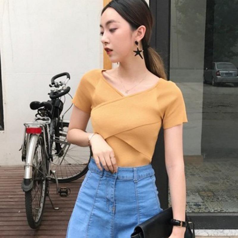 Women Fashion V-Neck Crisscross Tops Front Short Sleeve T-Shirt Sexy Slim Shirts