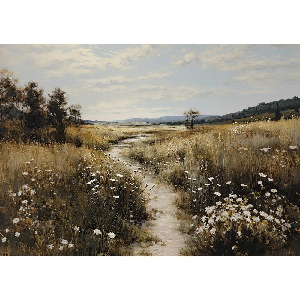 

Blue Wildflower Field Landscape Oil Posters Vintage Country House Spring Prints Canvas Painting Wall Art Picture Home Room Decor 21X30CMNo Framed