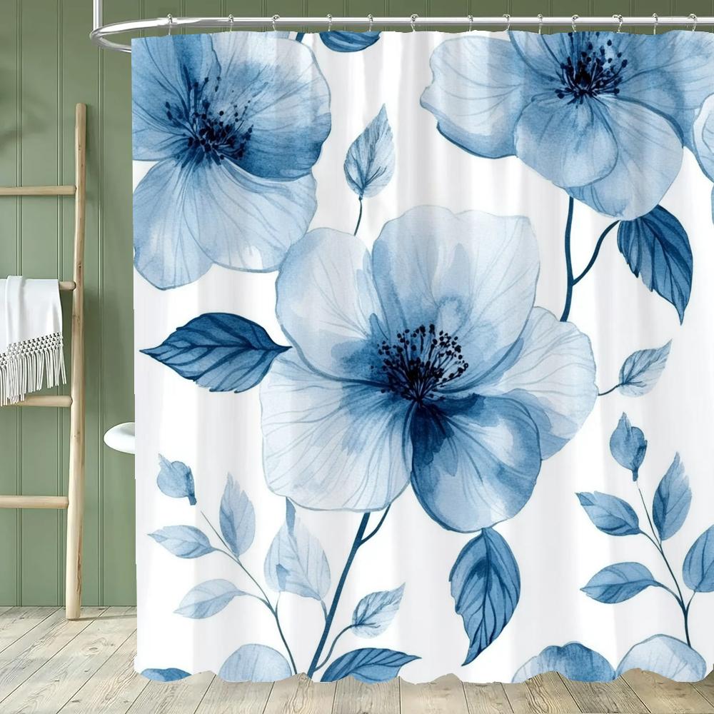 Beautiful Flowers Shower Curtain for Bathroom Blue Floral Romantic Wildflower Plants Nature Scenery Home Decor Curtain with Hook