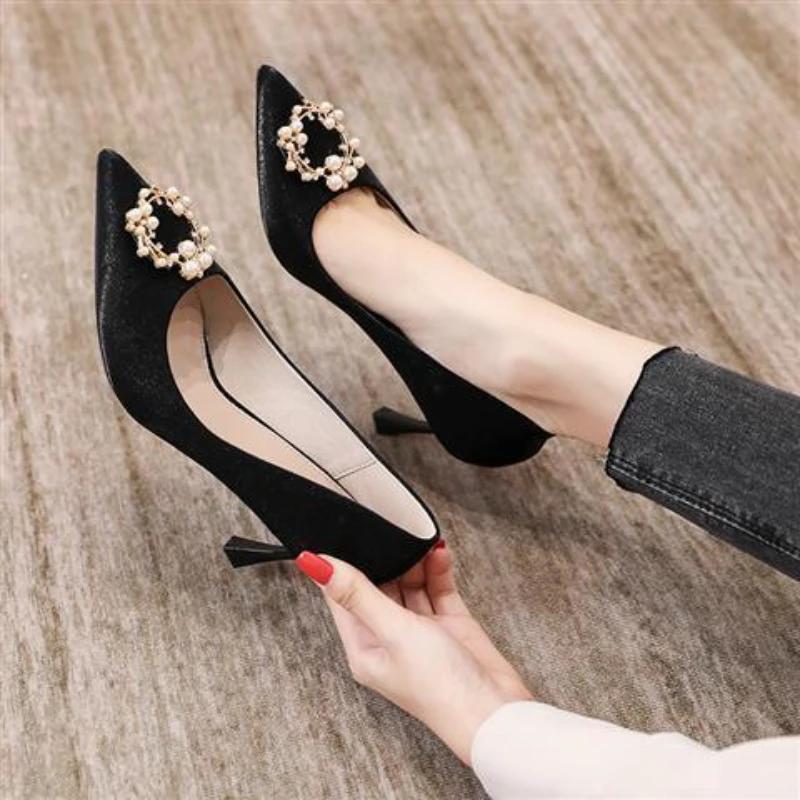 Fashion Ladies Pumps On Heeled with Crystals Pointed Toe Pearl Diamond Rhinestone Stilito Women's Shoes High Heels 39 Genuine Mark Sale