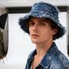 Vintage Distressed Denim Bucket Hat - Wide Brim Sun Protection, Frayed Edge Design, All-Season Outdoor Beach Hat
