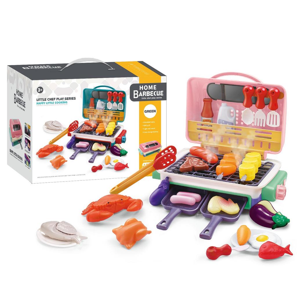 Kids BBQ Grill Toy Barbecue Kitchen Cooking Play Set with Realistic Spray Light Sound Color Changing Play Food & Dishes