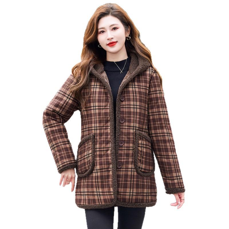 Mom's Winter Velvet-Lined Plaid Jacket - Warm, Cotton Padded, Plus Size for Middle-Aged & Elderly Women