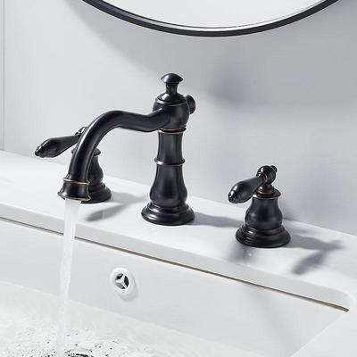 BAKALA Grifo para lavabo de baño de 2 manijas de 8 pulgadas, grifo de tocador de latón de 3 orificios con líneas de suministro de agua fría y caliente, negro mate