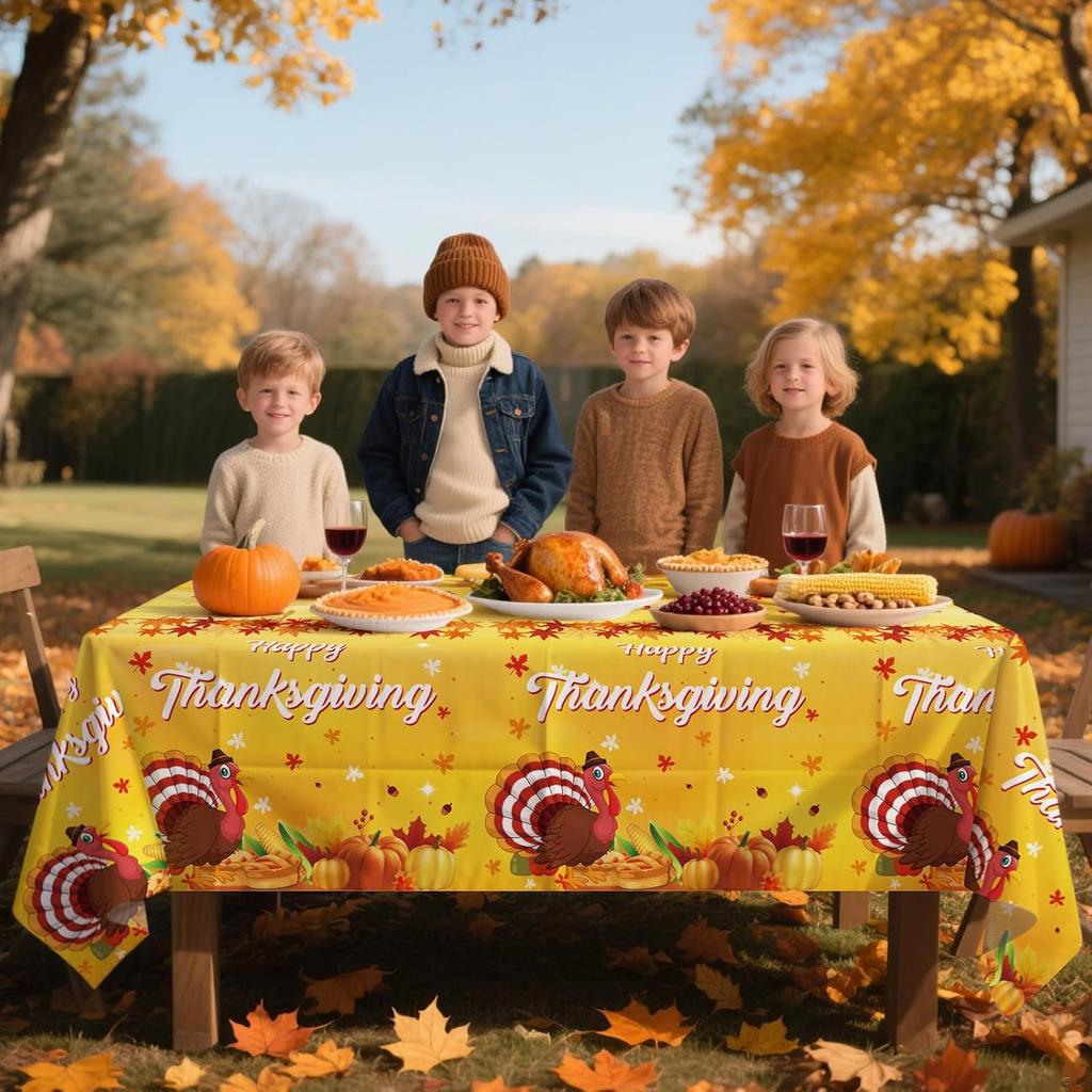 2 Pcs Happy Thanksgiving Tablecloth Disposable - Fall Turkey Tablecloths, Rectangle Pumpkin Maple Leaf Plastic Table Cover for Thanksgiving Table