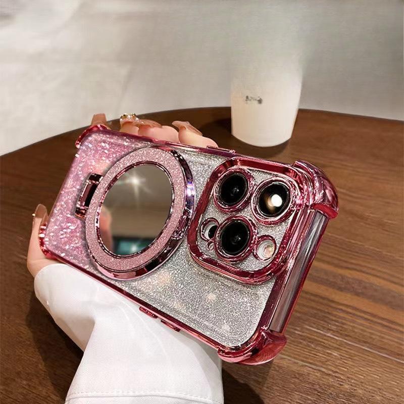 Glitter Makeup Mirror Magnetic Suction Bracket Suitable for Apple 16 Mobile Phone Case IPhone 14 Four-corner Electroplating Lens Film Hard Case