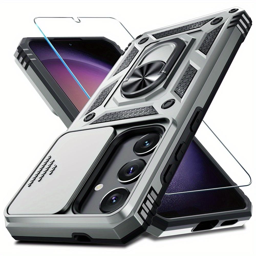 Schutzhülle für Samsung Galaxy S25 S24 Ultra S23 Plus S22 S21 S20 FE 5G mit einem Displayschutz aus gehärtetem Glas, Ring-Kickstand, Schiebekameraabdeckung