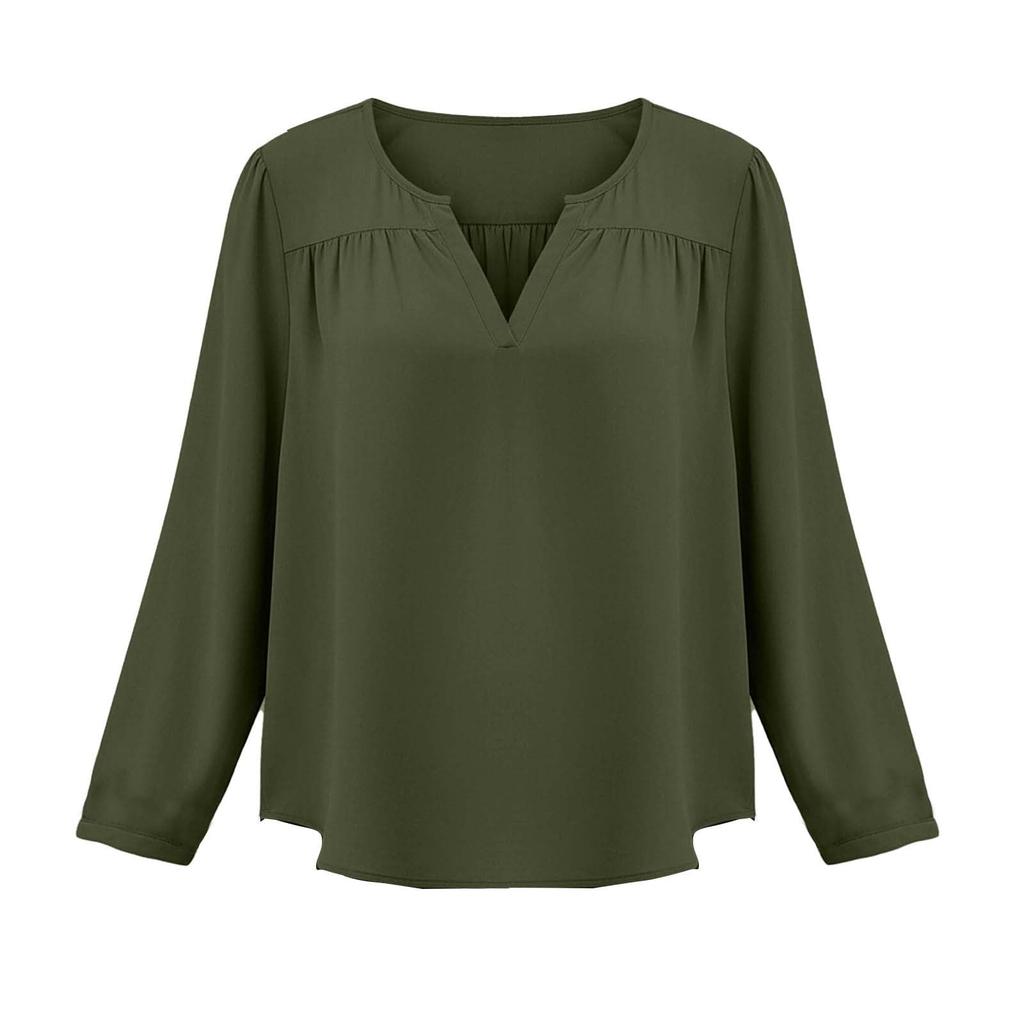 Women's Fashion Loose-Fit Long-Sleeve V-Neck Pullover Shirt Cotton-Linen Blend Top