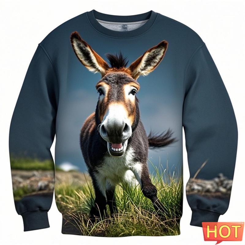 Esel 3D-trykk Tegneserie Oversize Gensere Mote O-hals Utendørs Pullover Dame Barneklær Nyhet Hettegensere og Sweatshirts